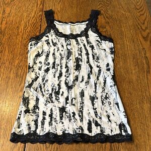 Calvin Klein Black, White, & Silver Metallic Print Tank Top w/Black Lace Trim XS